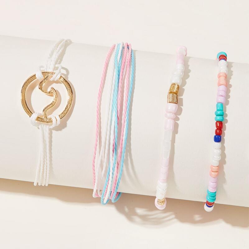 

4pcs Metal & Bead Charm String Bracelet, Multicolor