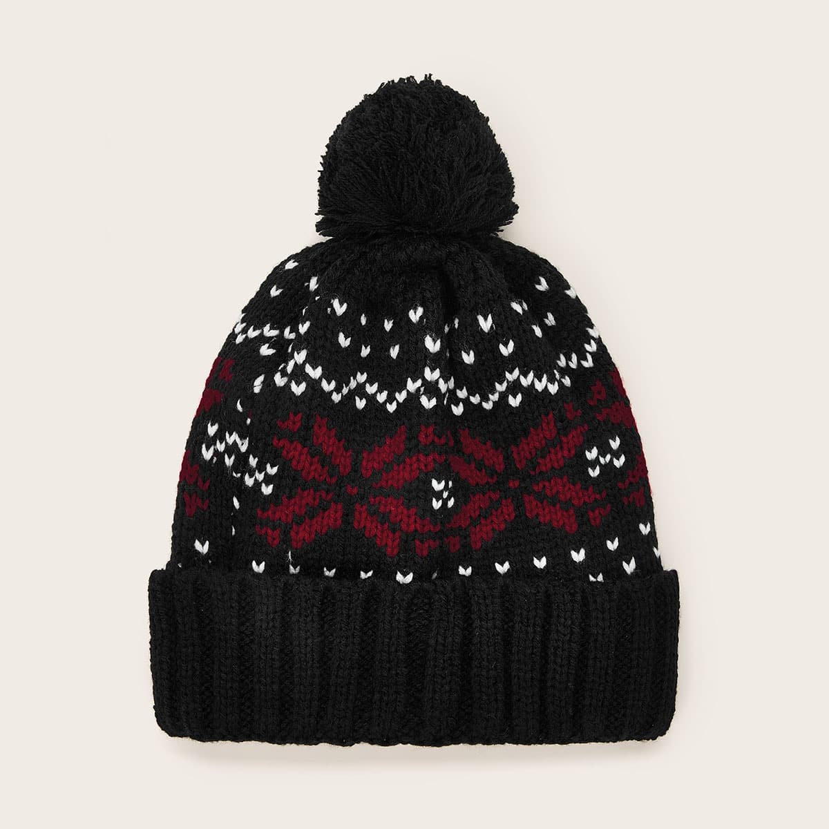 

Pom Pom Decor Cuffed Knit Beanie, Black