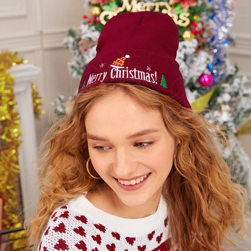 

Christmas Pattern Knit Beanie, Red