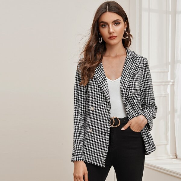 

Houndstooth Print Double Button Blazer, Black and white