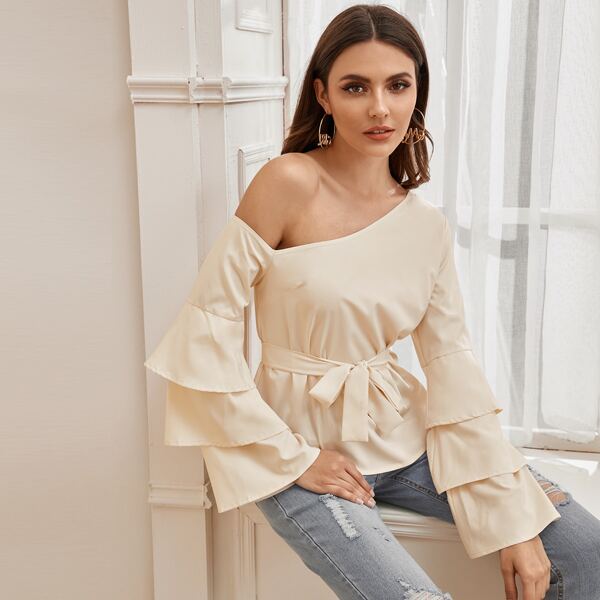 

Asymmetrical Shoulder Layered Sleeve Belted Knot Blouse, Beige pastel
