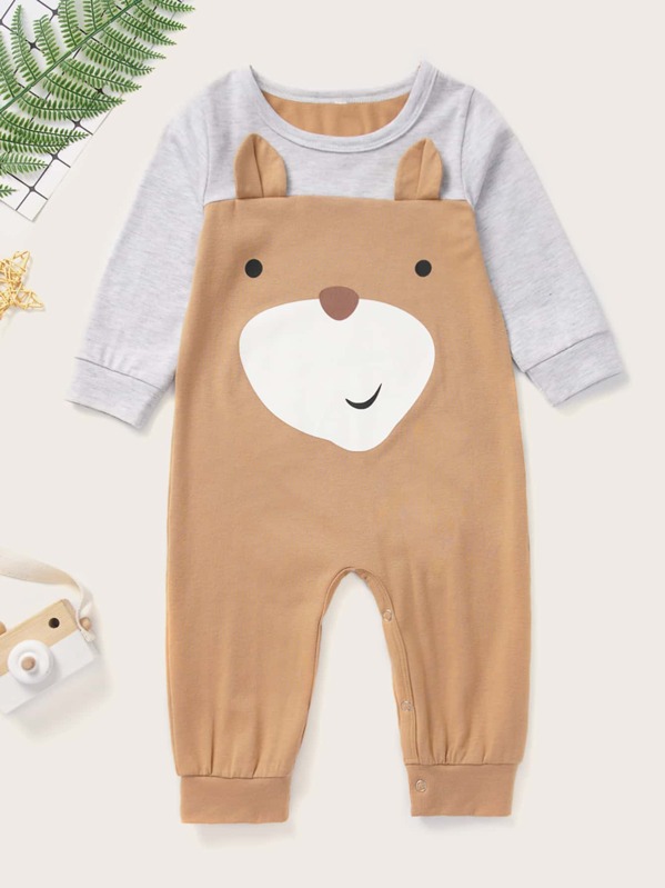 

Baby Boy Contrast Panel Cartoon Graphic Jumpsuit, Camel