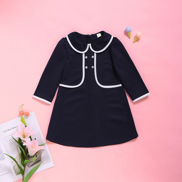 

Toddler Girls Contrast Piping Trim Peter Pan Dress, Navy