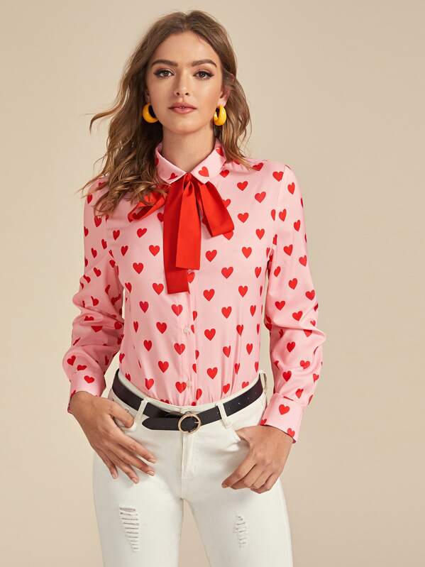 

Tie Neck Heart Print Blouse, Pink, Luiza