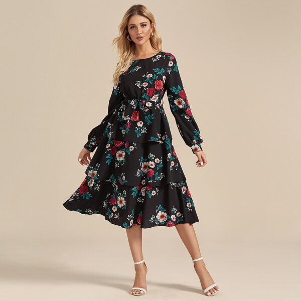 Floral Graphic Tiered Layered Belted Dress, Black