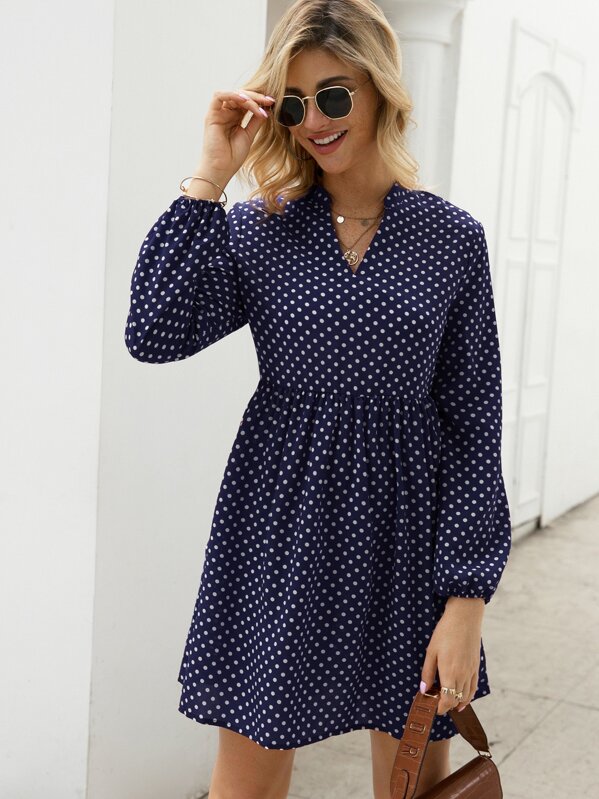 

Notch Collar Polka Dot High Waist Dress, Navy, Nathane