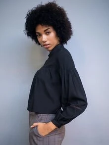 SHEIN Keyhole Back Lace Insert Pleated Detail Top - Black - View 4