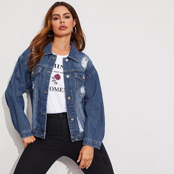 

Distressed Denim Trucker Jacket, Blue