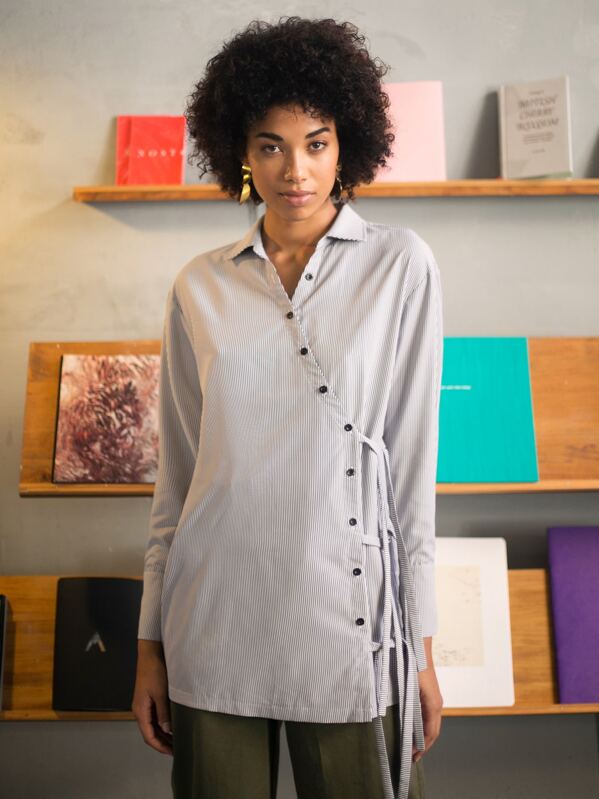 

Premium Asymmetrical Button Front Tie Side Blouse, Black and white, Claudia Coba