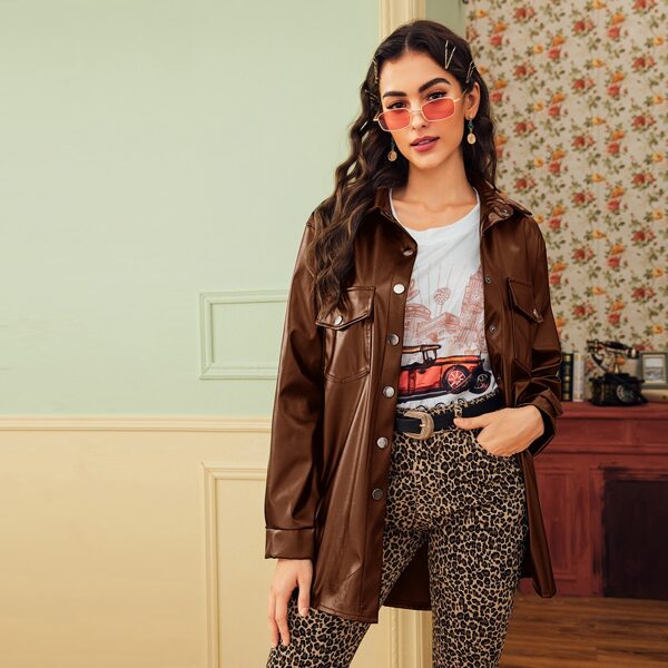 

Double Pocket Belted Faux Leather Coat, Brown