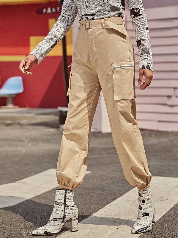 

Pocket Side Belted Cargo Pants, Khaki, Gigi