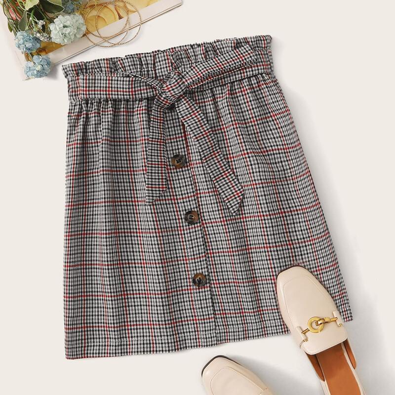 

Button Front Plaid Lettuce Trim Belted Skirt, Multicolor