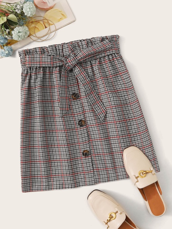 

Button Front Plaid Lettuce Trim Belted Skirt, Multicolor