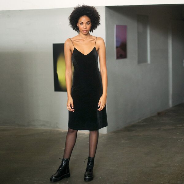 

Premium Solid Velvet Slip Dress Without Mesh Tee, Black