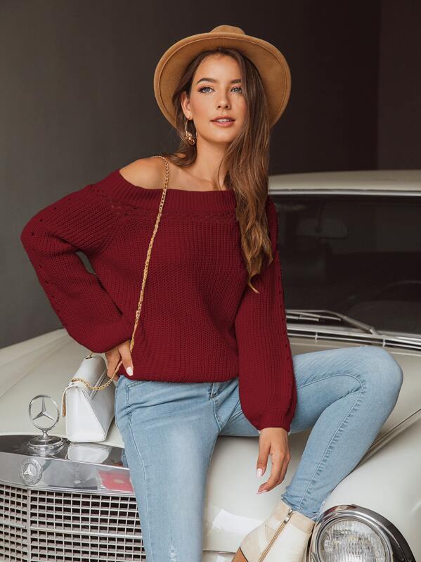

Boat Neck Pointelle Knit Sweater, Burgundy, Luiza