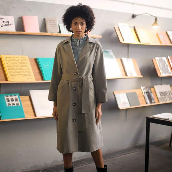 

Premium Single Breasted Notched Collar Self Belted Trench Coat, Grey
