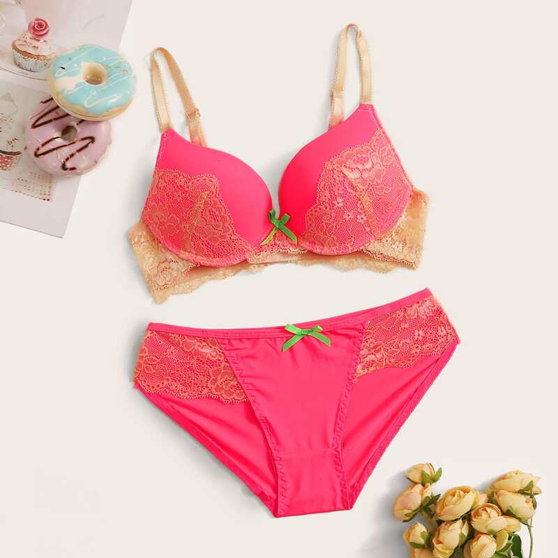 

Floral Lace Push Up Lingerie Set, Pink bright