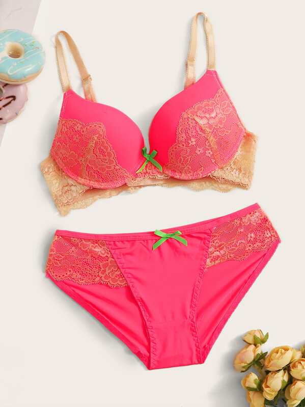 Floral Lace Push Up Lingerie Set, Pink