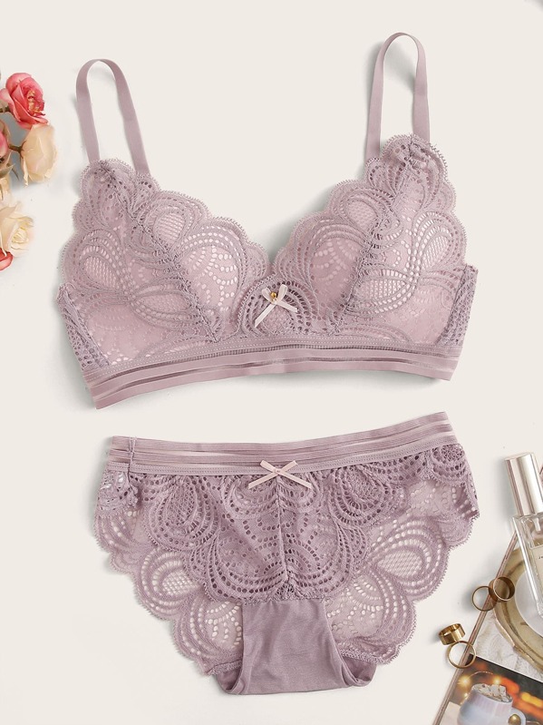 Guipure Lace Lingerie Set, Purple