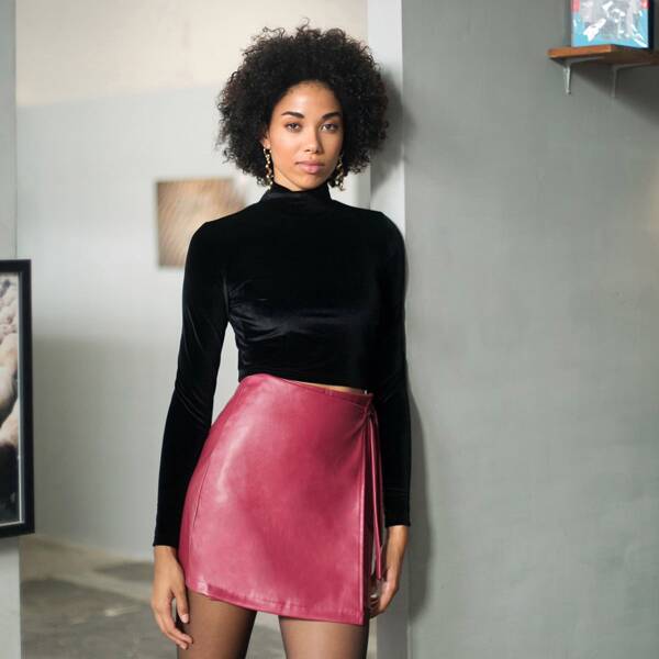 

Premium Wrap Knotted PU Leather Skirt, Pink bright