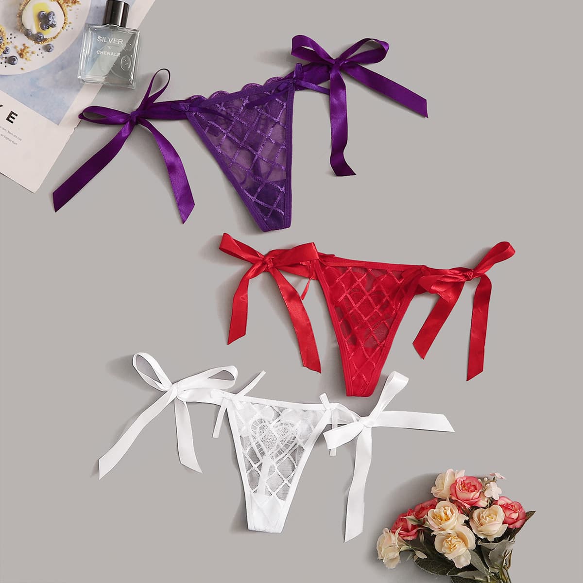 

3pack Guipure Lace Tie Side Sheer Panty Set, Multicolor