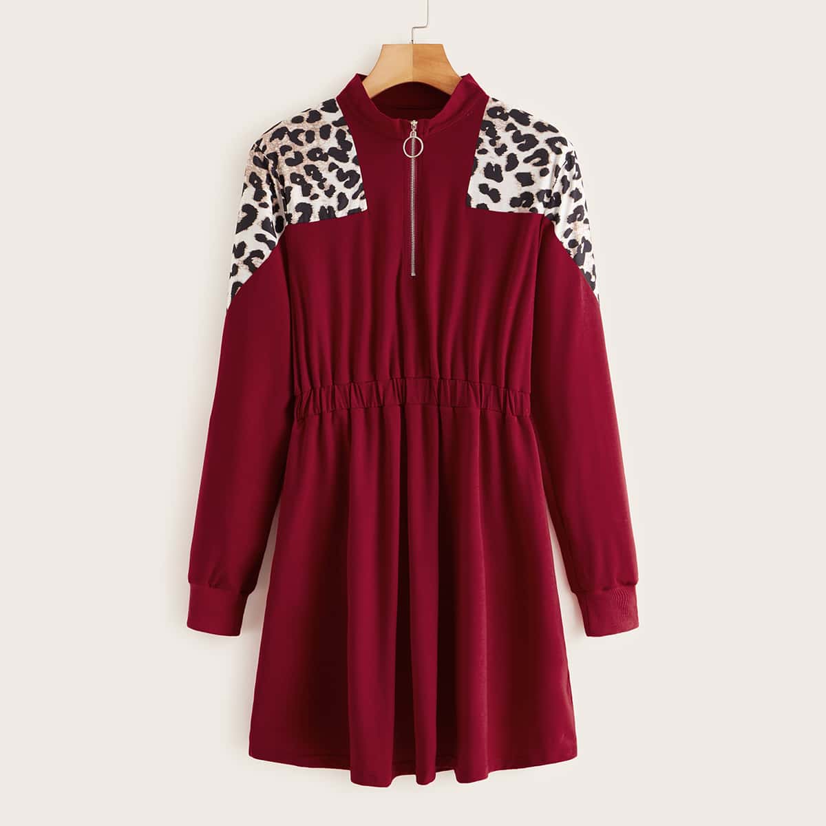 

Leopard Panel O-ring Zipper Sweatshirt Dress, Burgundy