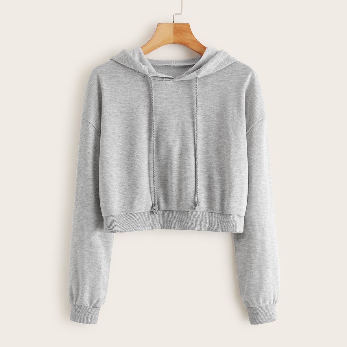 

Rib-knit Trim Crop Drawstring Hooded Sweatshirt, Grey