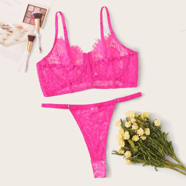 

Neon Pink Floral Lace Underwire Lingerie Set, Pink bright