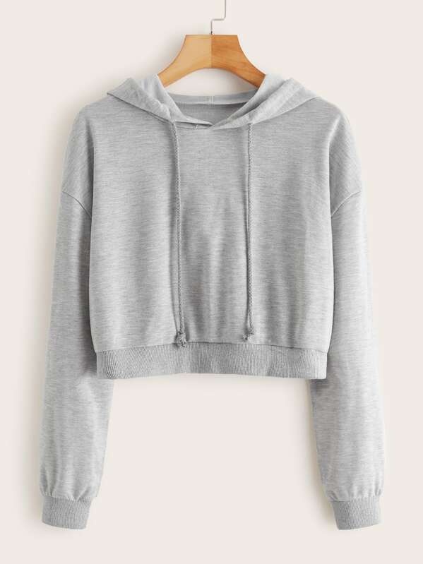 

Rib-knit Trim Crop Drawstring Hooded Sweatshirt, Grey