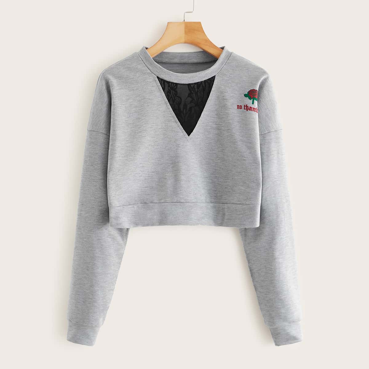 

Lace Panel Rose Print Crop Sweatshirt, Grey