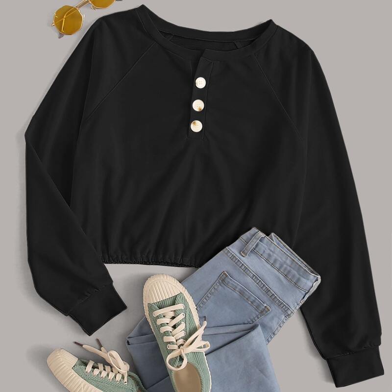 

Half Button Raglan Sleeve Crop Sweatshirt, Black