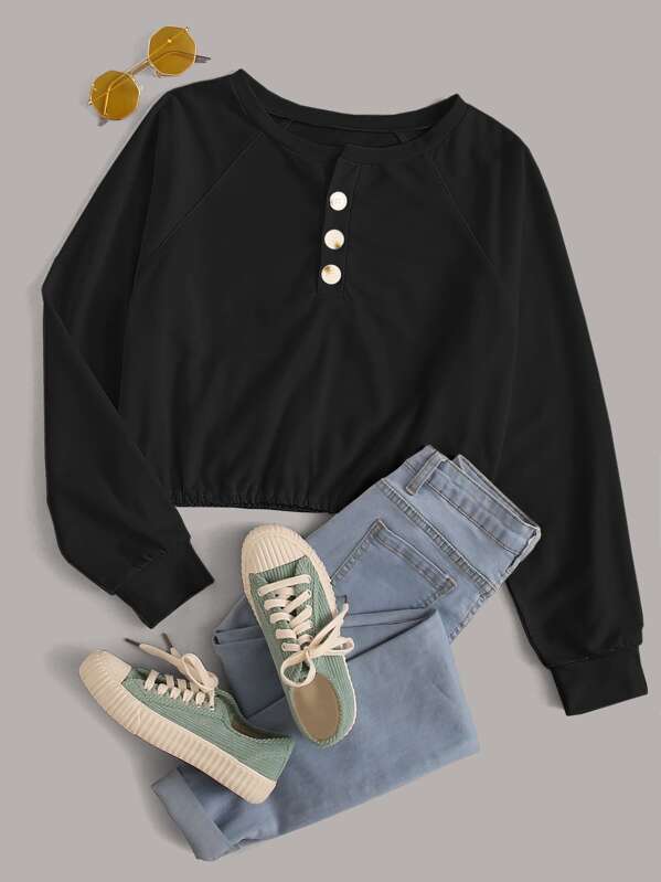 

Half Button Raglan Sleeve Crop Sweatshirt, Black
