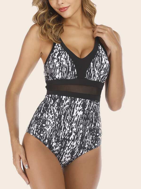 

Contrast Mesh One Piece Swimwear, Black and white