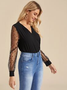 Dobby Mesh Sleeve V Neck Blouse