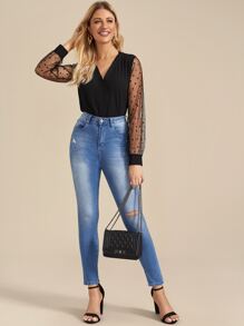 Dobby Mesh Sleeve V Neck Blouse