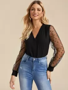 Dobby Mesh Sleeve V Neck Blouse