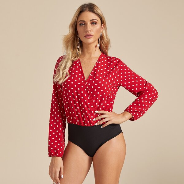 

Polka Dot Surplice Neck Combo Bodysuit, Red