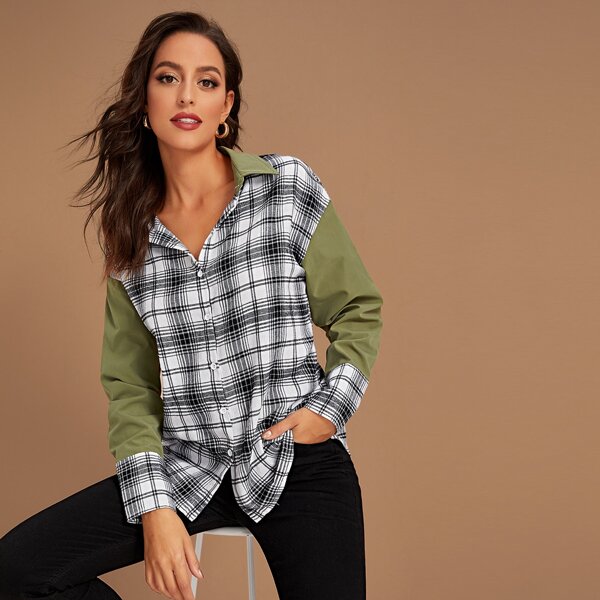 

Plaid Print Button Up Curved Hem Blouse, Multicolor