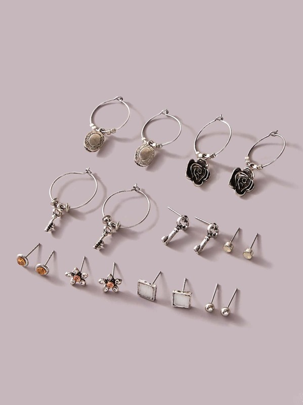 

9pairs Flower & Key Decor Earrings, Multicolor