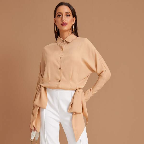 

Knot Side Button Up Solid Blouse, Khaki