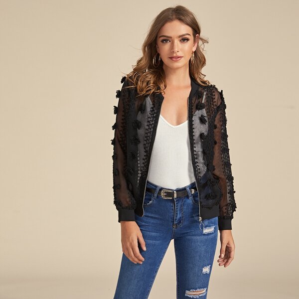 

Sheer Mesh Appliques Zipper Bomber Jacket, Black