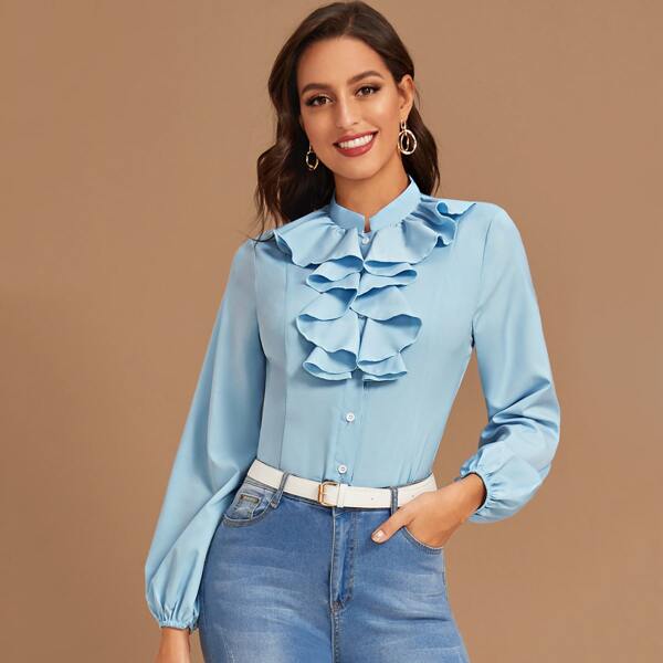 

Ruffle Trim Bishop Sleeve Blouse, Blue
