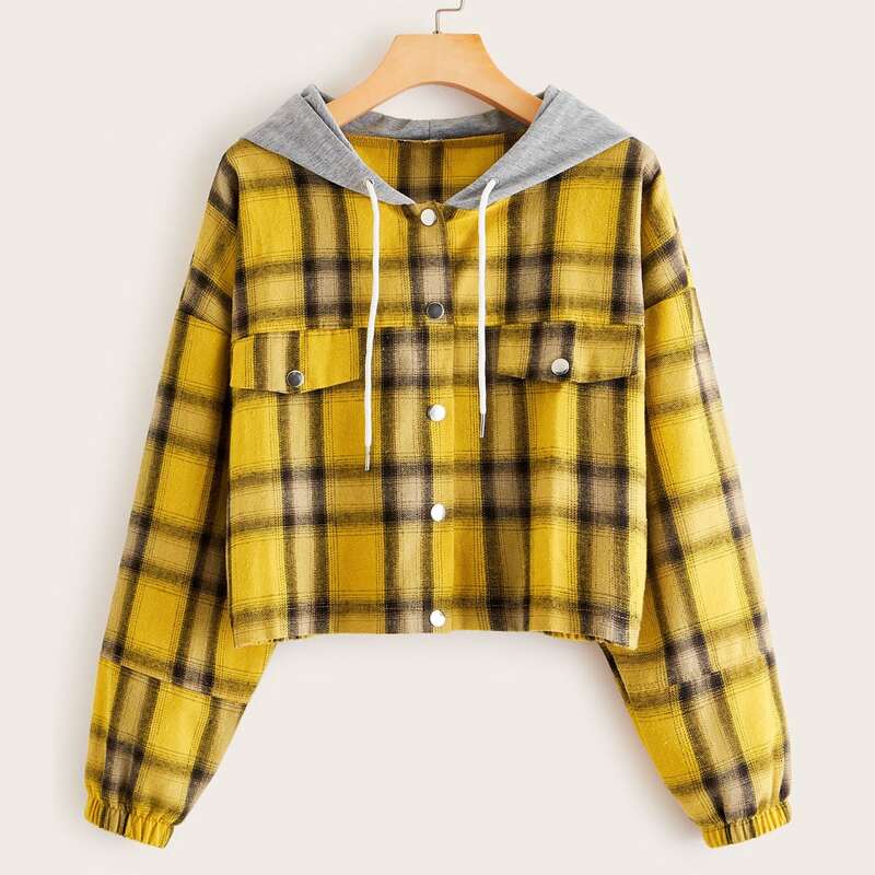 

Contrast Panel Tartan Buttoned Hooded Jacket, Yellow