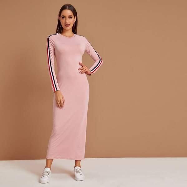 

Tape Panel Raglan Sleeve Maxi Dress, Pink