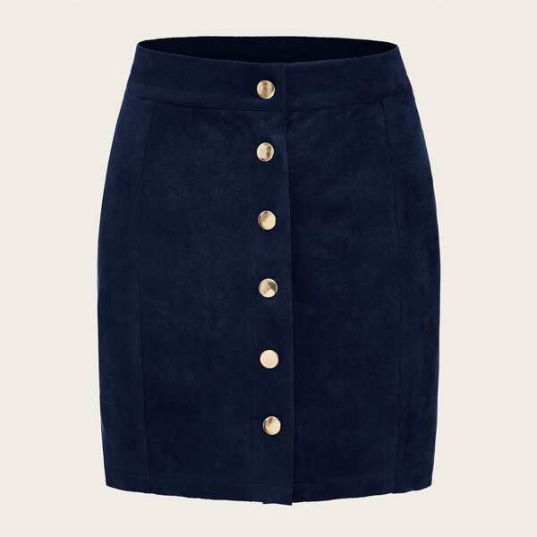 

Suede Button Front Mini Skirt, Navy