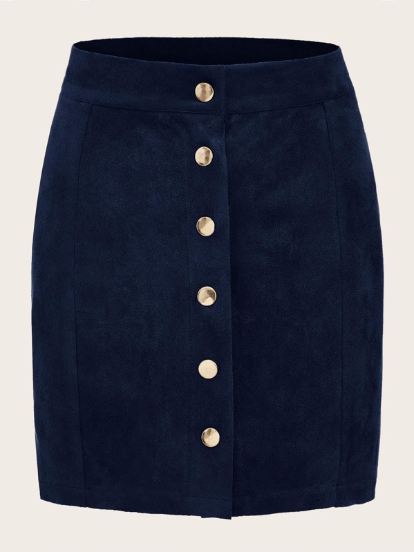 

Suede Button Front Mini Skirt, Navy