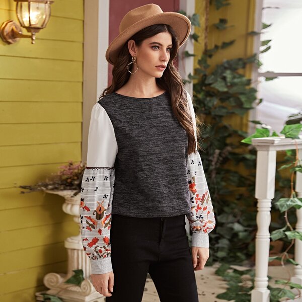 

Contrast Sleeve Graphic Print Sweater, Multicolor