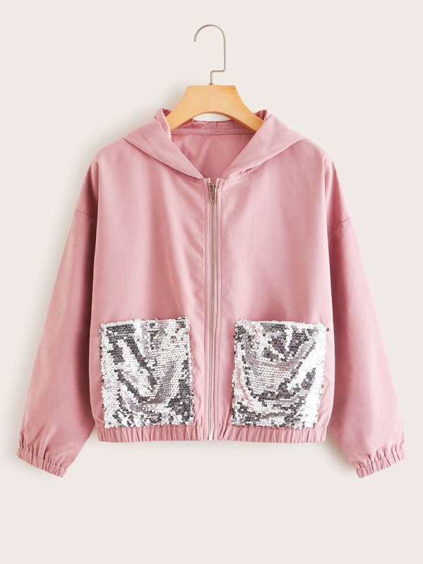 

Contrast Sequin Drop Shoulder Hooded Jacket, Pink