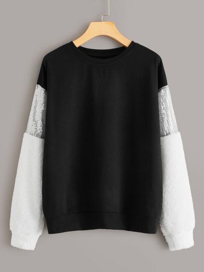 Contrast Sequin Panel Crew Neck Sweatshirt