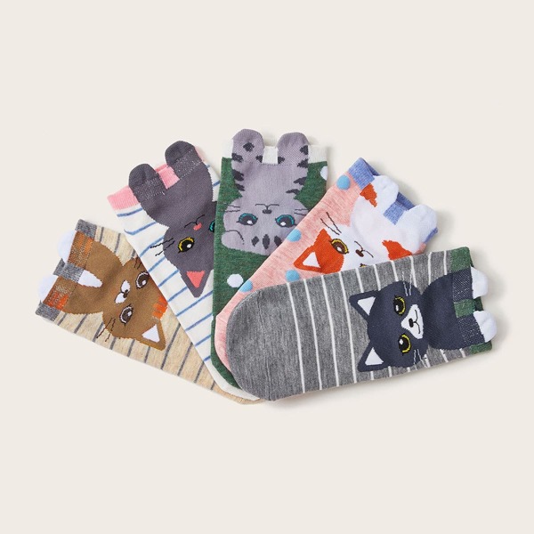 

5pairs Cat Pattern Socks, Multicolor